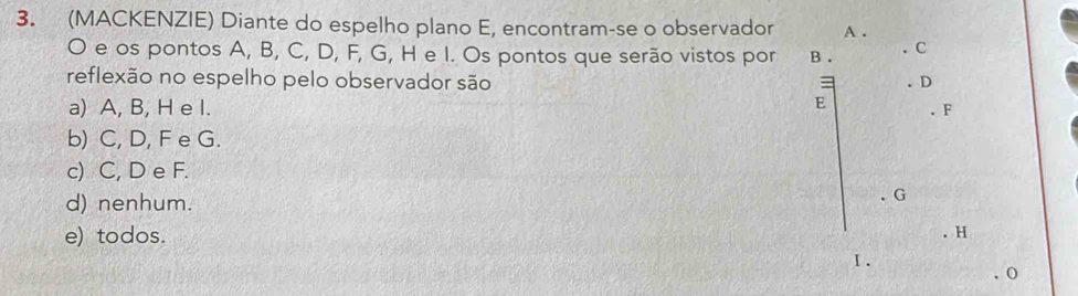 (MACKENZIE) Diante do espelho plano E, encontram-se o observador A.
O e os pontos A, B, C, D, F, G, H e I. Os pontos que serão vistos por B. C
reflexão no espelho pelo observador são D
E
a) A, B, H e I. F
b) C, D, F e G.
c) C, D e F.
d) nenhum.
G
e) todos.
H
Ⅰ .
0