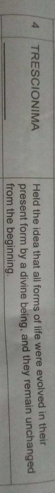 TRESCIONIMA 
Held the idea that all forms of life were evolved in their 
present form by a divine being, and they remain unchanged 
_from the beginning.