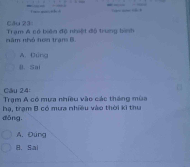 Temso quntç eã A Trae quen tlc b
Câu 23:
Trạm A có biên độ nhiệt độ trung bình
năm nhỏ hơn trạm B.
A. Dúng
B. Sai
Câu 24:
Trạm A có mưa nhiều vào các tháng mùa
hạ, trạm B có mưa nhiều vào thời kì thu
đông.
A. Đúng
B. Sai