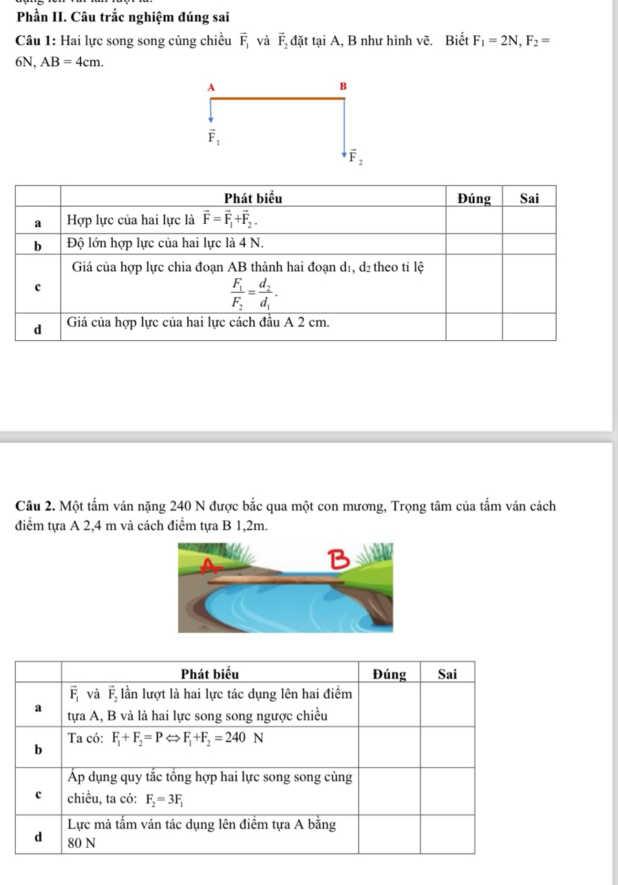 Phần II. Câu trắc nghiệm đúng sai
Câu 1: Hai lực song song cùng chiều vector F_1 và vector F_2 đặt tại A, B như hình vhat e. Biết F_1=2N,F_2=
6N, AB=4cm.
A
B
vector F_1
vector F_2
Câu 2. Một tấm ván nặng 240 N được bắc qua một con mương, Trọng tâm của tấm ván cách
điểm tựa A 2,4 m và cách điểm tựa B 1,2m.