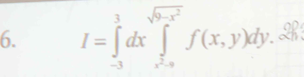 I=∈tlimits _(-3)^3dx∈tlimits _x^2-x^sqrt(9-x^2)f(x,y)dy.