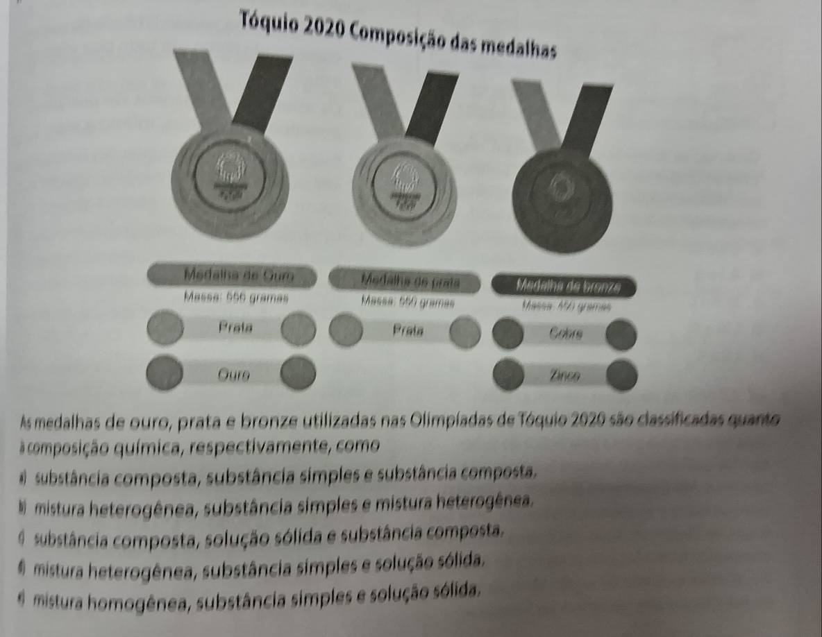 Tóquio 2020 Composiç
As medalhas de ouro, prata e bronze utilizadas nas Olimpíadas de Tóquio 2020 são classificadas quanto
à composição química, respectivamente, como
substância composta, substância simples e substância composta.
N mistura heterogênea, substância simples e mistura heterogênea.
4 substância composta, solução sólida e substância composta.
# mistura heterogênea, substância simples e solução sólida.
A mistura homogênea, substância simples e solução sólida.