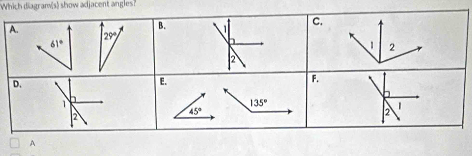 Which diagram(s show adjacent angles?
A