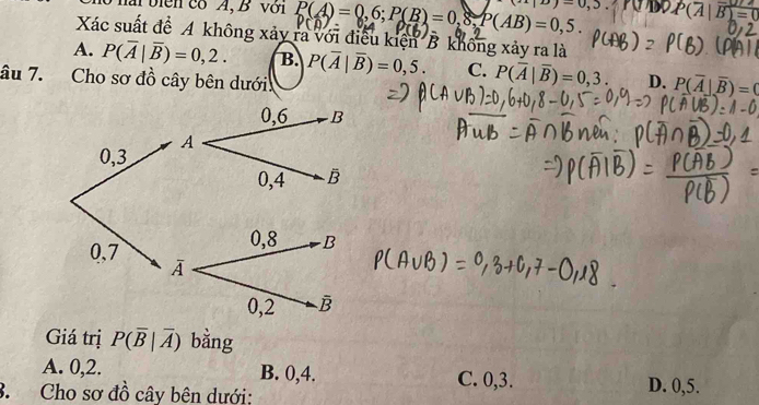 hài biển có A,B với P(A)=0,6;P(B)=0,8,P(AB)=0,5. m(B)=0,3 P(overline A|overline B)=0
Xác suất đề A không xảy ra với điều kiện B không xảy ra là
A. P(overline A|overline B)=0,2. B. P(overline A|overline B)=0,5. C. P(overline A|overline B)=0,3. D. P(overline A|overline B)=0
âu 7. Cho sơ đồ cây bên dưới.
Giá trị P(overline B|overline A) bằng
A. 0,2. B. 0,4. C. 0,3. D. 0,5.
3.  Cho sơ đồ cây bên dưới: