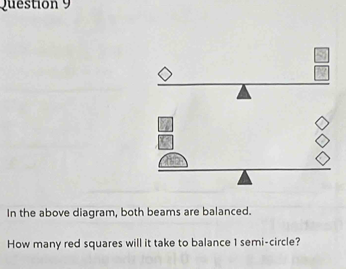 In the above diagram, both beams are balanced. 
How many red squares will it take to balance 1 semi-circle?