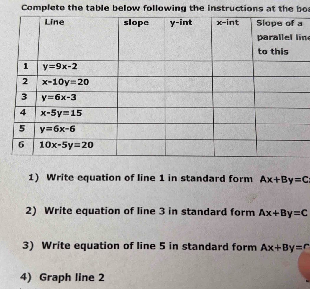 Complete the table below following the instructions at the boa
n
1) Write equation of line 1 in standard form Ax+By=C
2) Write equation of line 3 in standard form Ax+By=C
3) Write equation of line 5 in standard form Ax+By=C
4) Graph line 2