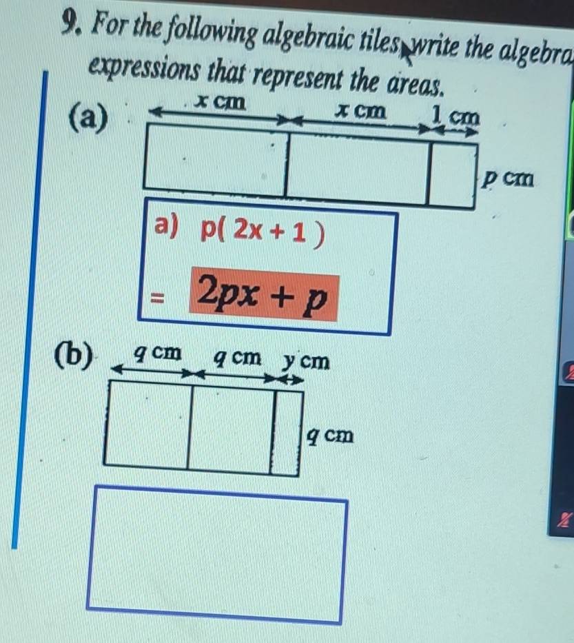 For the following algebraic tiles write the algebra
expressions that represent the areas.
x cm xcm
(a) lcm
p cm
a) p(2x+1)
=2px+p
(b)
z