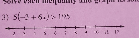 Solve each mequanty and grap 
3) 5(-3+6x)>195