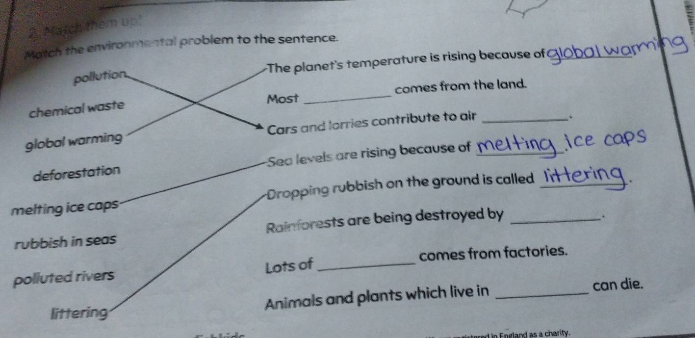 Match them up! 
Match the environmental problem to the sentence. 
pollution. The planet's temperature is rising because of 
Most _comes from the land. 
chemical waste 
global warming Cars and lorries contribute to air_ 
. 
deforestation Sea levels are rising because of _iCe 
melting ice caps Dropping rubbish on the ground is called_ 
rubbish in seas Raimorests are being destroyed by_ 
Lots of _comes from factories. 
polluted rivers 
Animals and plants which live in _can die. 
littering 
d in Eneland as a charity.
