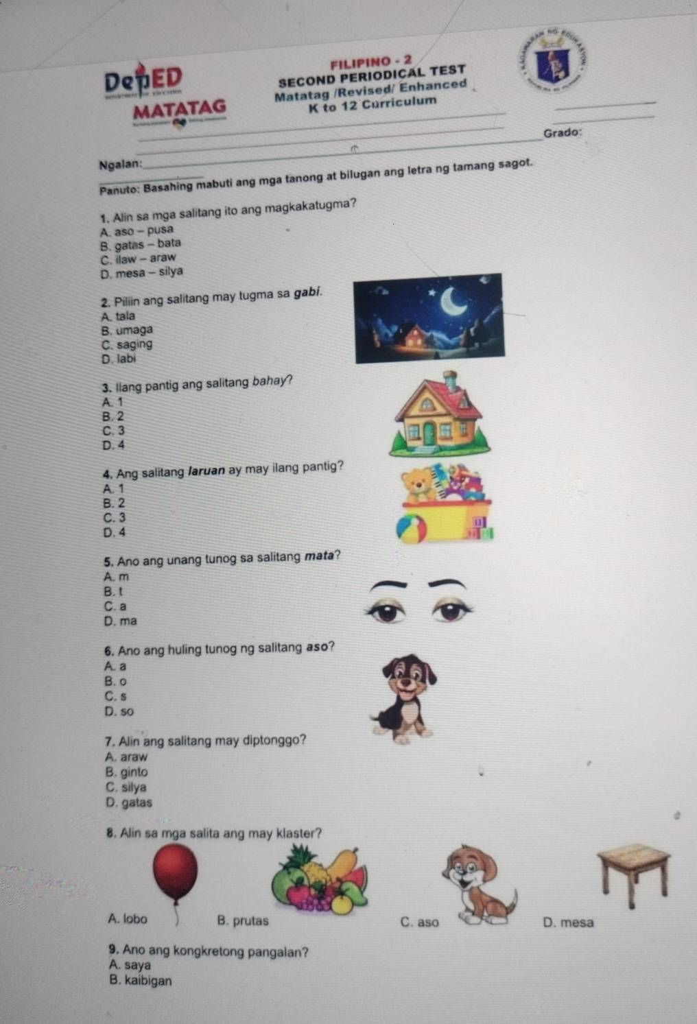 Solved: DePED FILIPINO - 2 SECOND PERIODICAL TEST _ MATATAG Matatag ...