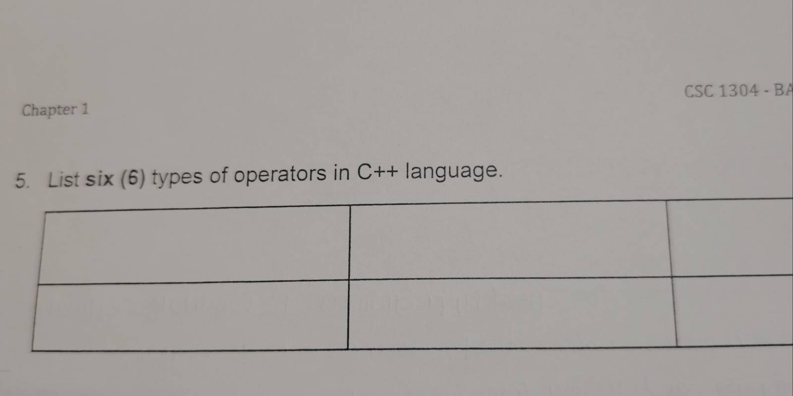 CSC 1304 - BA 
Chapter 1 
5. List six (6) types of operators in C++ language.