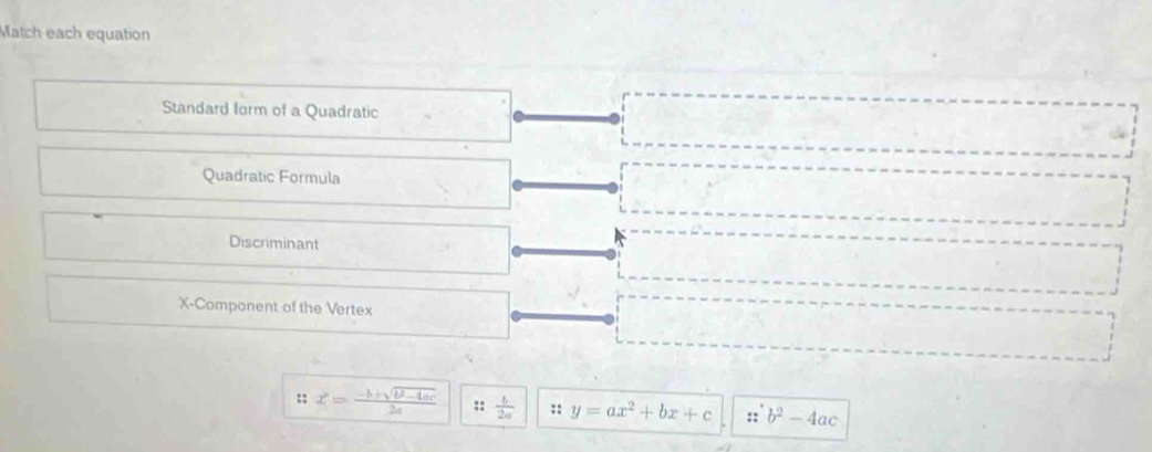 Match each equation
Standard form of a Quadratic
Quadratic Formula
Discriminant
X -Component of the Vertex
:: x= (-b+sqrt(b^2-4ac))/2a ;:  b/2a  :: y=ax^2+bx+c :: b^2-4ac