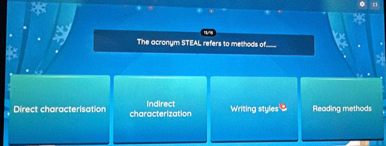 13/15
The acronym STEAL refers to methods of......
Indirect
Direct characterisation characterization Writing styles Reading methods