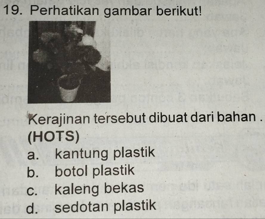 Perhatikan gambar berikut!
Kerajinan tersebut dibuat dari bahan .
(HOTS)
a. kantung plastik
b. botol plastik
c. kaleng bekas
d. sedotan plastik