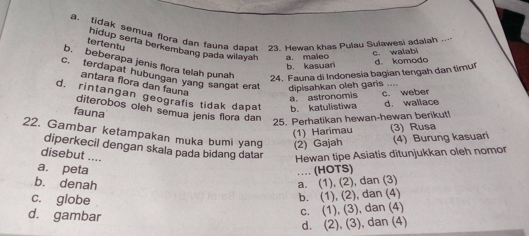 a. tidak semua flora dan fauna dapat 23. Hewan khas Pulau Sulawesi adalah ..··
tertentu
hidup serta berkembang pada wilayah a. maleo
c. walabi
b. beberapa jenis flora telah punah
b. kasuari d. komodo
24. Fauna di Indonesia bagian tengah dan timur
c. terdapat hubungan yang sangat erat dipisahkan oleh garis
antara flora dan fauna
…
d. rintangan geografis tidak dapat b. katulistiwa d. wallace
a. astronomis c. weber
diterobos oleh semua jenis flora dan
fauna
25. Perhatikan hewan-hewan berikut!
(1) Harimau (3) Rusa
22. Gambar ketampakan muka bumi yang (2) Gajah (4) Burung kasuari
diperkecil dengan skala pada bidang datan
disebut .... Hewan tipe Asiatis ditunjukkan oleh nomor
a. peta _. (HOTS)
b. denah a. (1), (2), dan (3)
c. globe
b. (1), (2), dan (4)
d. gambar
c. (1), (3), dan (4)
d. (2), (3), dan (4)