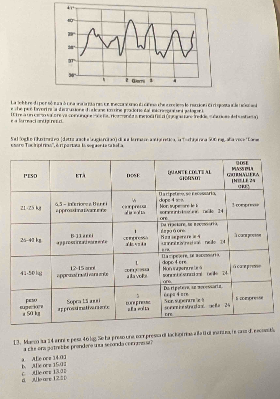 La febbre di per só non è una malattia ma un meccanismo di difesa che accelera le reazioni di risposta alle infezioni
e che può favorire la distruzione di alcune tossine prodotte dai microrganismi patogeni.
Oltre a un certo valore va comunque ridotta, ricorrendo a metodi físici (spugnature fredde, riduzione del vestiario)
e a farmaci antipiretici
Sul foglio illustrativo (detto anche bugiardino) di un farmaco antipiretico, la Tachipirina 500 mg. alla voce "Come
usare Tachipirina", è riportata la seguente tabella.
13. Marco ha 14 anni e pesa 46 kg. Se ha preso una compressa di tachipirina alle 8 di mattina, in caso di necessità.
a che ora potrebbe prendere una seconda compressa?
a. Alle ore 14.00
b. Alle ore 15.00
c. Alle ore 13.00
d. Alle ore 12.00