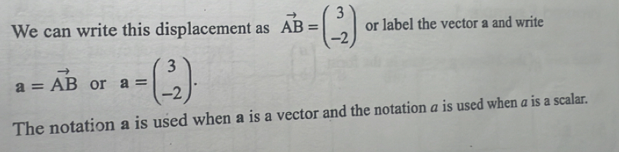 We can write this displacement as vector AB=beginpmatrix 3 -2endpmatrix or label the vector a and write
a=vector AB or a=beginpmatrix 3 -2endpmatrix. 
The notation a is used when a is a vector and the notation a is used when a is a scalar.