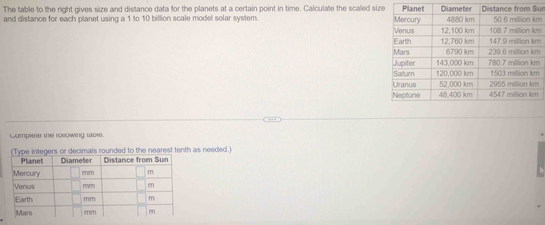 The table to the right gives size and distance data for the planets at a certain point in time. Calculate the scaled sizur 
and distance for each planet using a 1 to 10 billion scale model solar system. m
m
Compiete the rollowing table. 
s needed.)