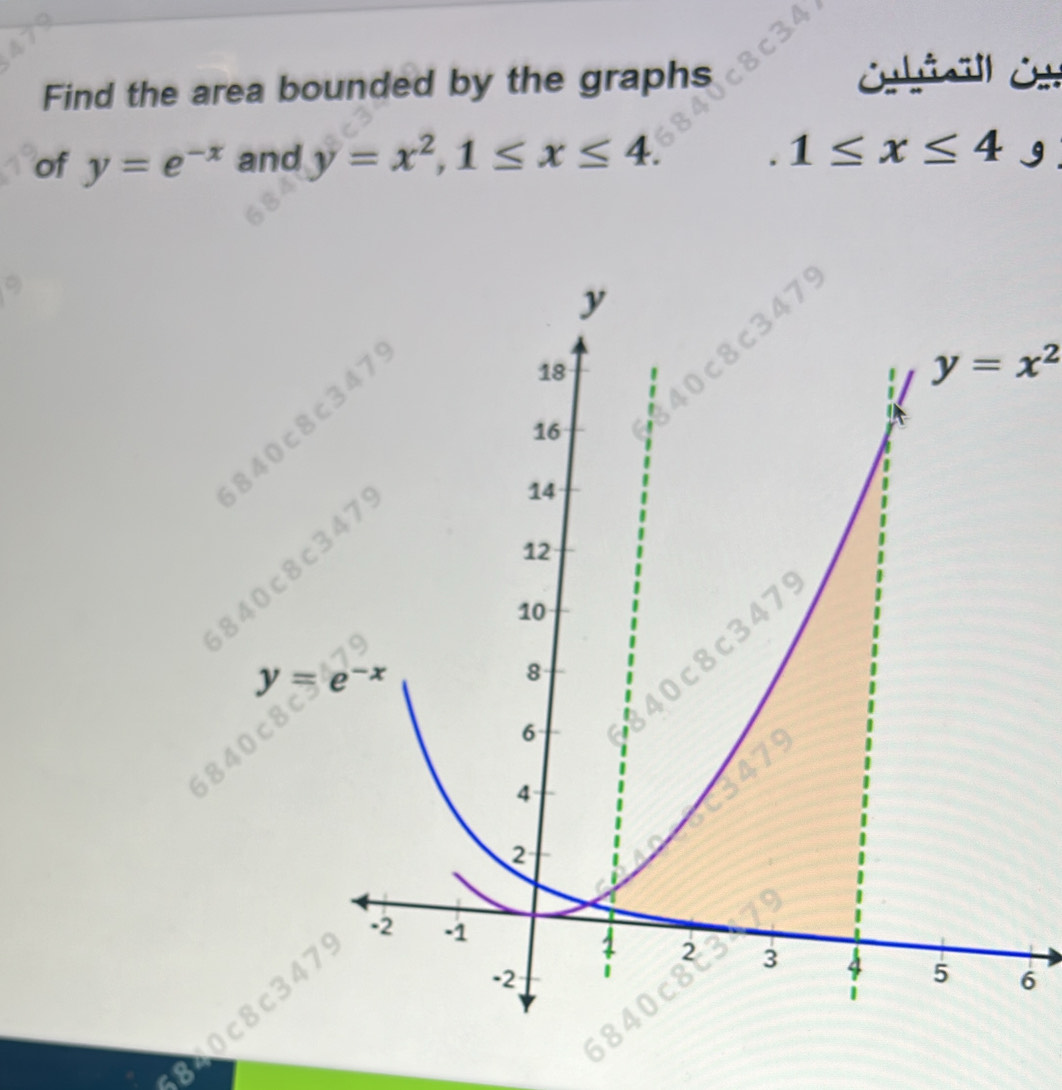 Find the area bounded by the graphs
1≤ x≤ 4
of y=e^(-x) and y=x^2,1≤ x≤ 4 g
6840c8c3479
y=x^2
6840csc 8c347
2 
6
8