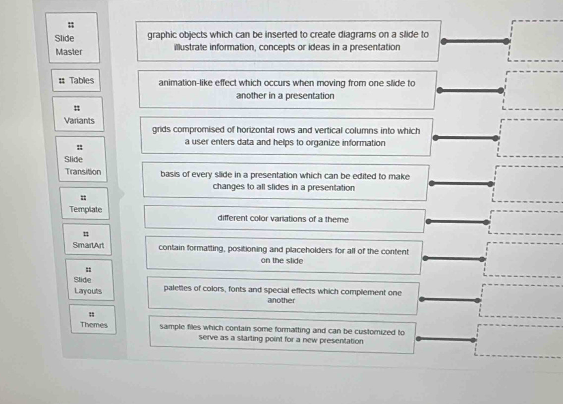 Slide graphic objects which can be inserted to create diagrams on a slide to 
Master illustrate information, concepts or ideas in a presentation 
Tables animation-like effect which occurs when moving from one slide to 
another in a presentation 
;; 
Variants 
grids compromised of horizontal rows and vertical columns into which 
:: 
a user enters data and helps to organize information 
Slide 
Transition basis of every slide in a presentation which can be edited to make 
changes to all slides in a presentation 
:: 
Tempiate 
different color variations of a theme 
:: 
SmartArt contain formatting, positioning and placeholders for all of the content 
on the slide 
: 
Slide 
Layouts 
palettes of colors, fonts and special effects which complement one 
another 
: 
Themes sample files which contain some formatting and can be customized to 
serve as a starting point for a new presentation