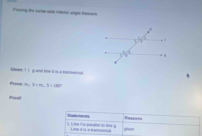 Proving the same-side interior angle theorem. 
Given: fparallel g and line d is a transversal. 
Prove: m∠ 3+m∠ 5=180°
Proof: 
Statements Reasons 
1. Line f is parallel to line g. given 
Line d is a transversal.