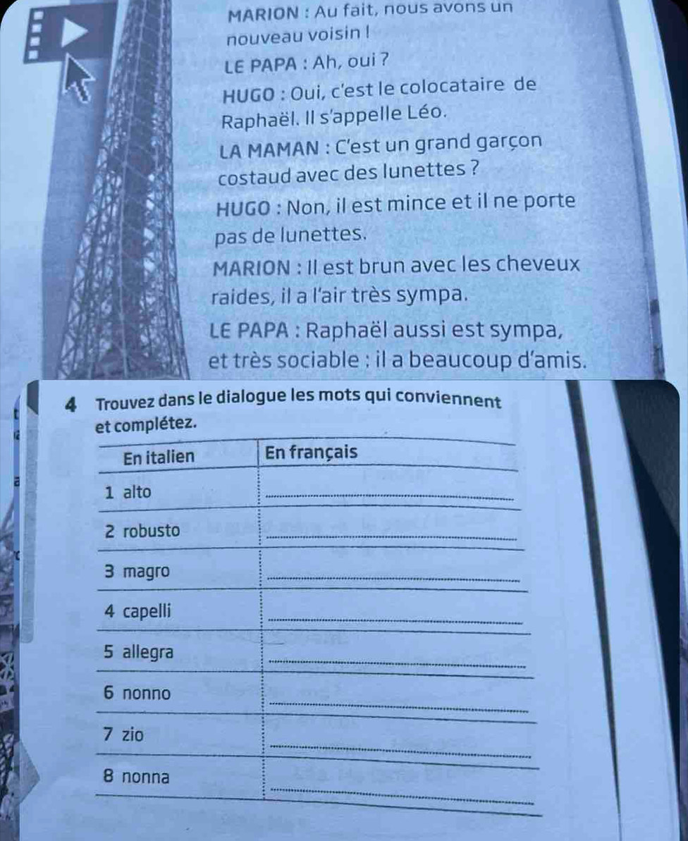 MARION : Au fait, nous avons un 
nouveau voisin ! 
LE PAPA : Ah, oui ? 
HUGO : Oui, c'est le colocataire de 
Raphaël. Il s'appelle Léo. 
LA MAMAN : C'est un grand garçon 
costaud avec des lunettes ? 
HUGO : Non, il est mince et il ne porte 
pas de lunettes. 
MARION : II est brun avec les cheveux 
raides, il a l'air très sympa. 
LE PAPA : Raphaël aussi est sympa, 
et très sociable : il a beaucoup d'amis. 
4 Trouvez dans le dialogue les mots qui conviennent 
z.