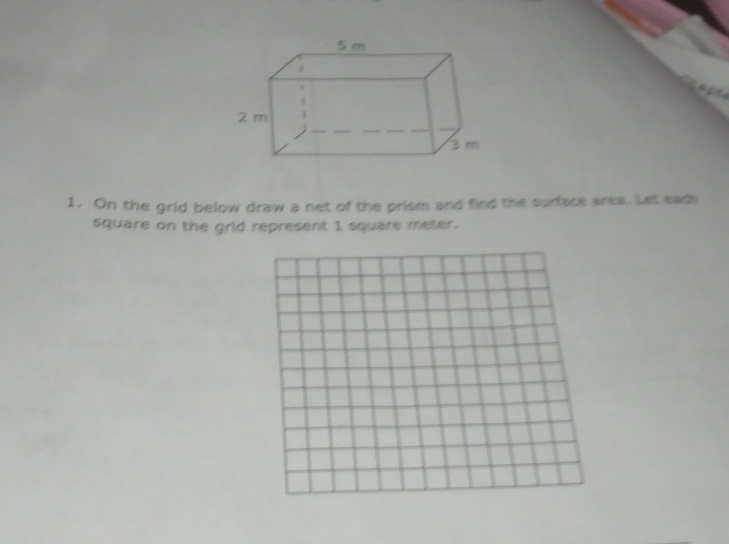 On the grid below draw a net of the prism and find the surface area. Let each 
square on the grid represent 1 square meter.