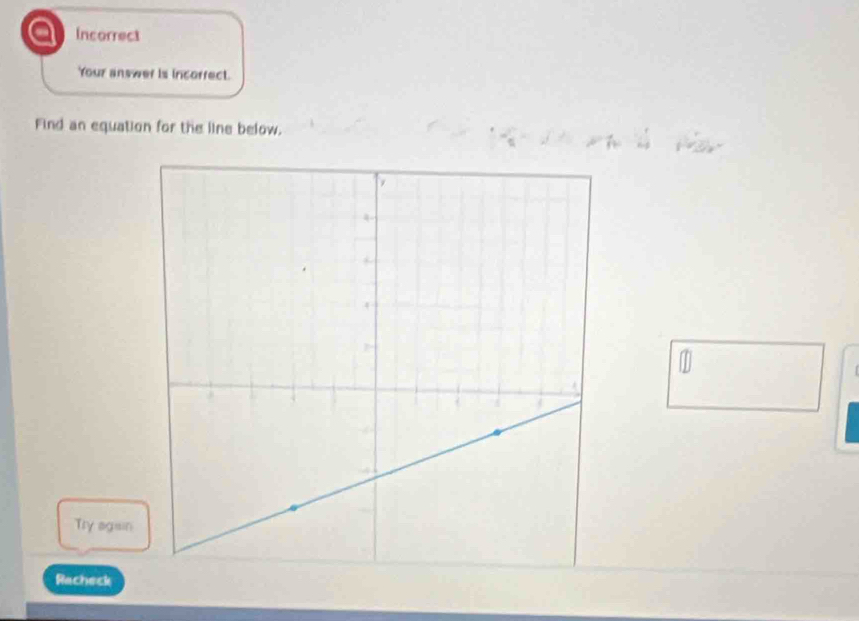 Incorrect 
Your answer is incorrect. 
Find an equation for the line below. 
Try agisin 
Racheck