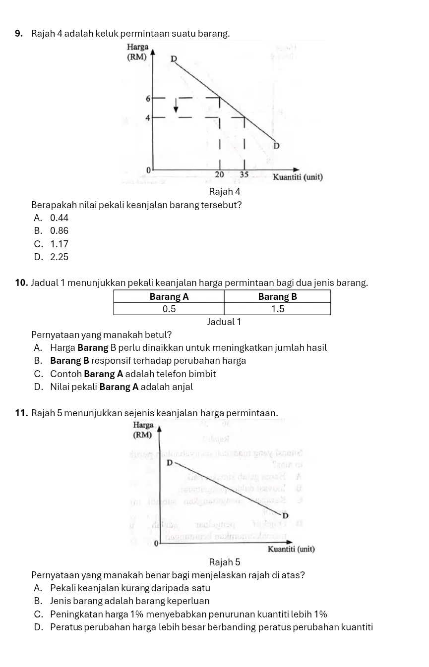 Rajah 4 adalah keluk permintaan suatu barang.
Rajah 4
Berapakah nilai pekali keanjalan barang tersebut?
A. 0.44
B. 0.86
C. 1.17
D. 2.25
10. Jadual 1 menunjukkan pekali keanjalan harga permintaan bagi dua jenis barang.
Jadual 1
Pernyataan yang manakah betul?
A. Harga Barang B perlu dinaikkan untuk meningkatkan jumlah hasil
B. Barang B responsif terhadap perubahan harga
C. Contoh Barang A adalah telefon bimbit
D. Nilai pekali Barang A adalah anjal
11. Rajah 5 menunjukkan sejenis keanjalan harga permintaan.
Rajah 5
Pernyataan yang manakah benar bagi menjelaskan rajah di atas?
A. Pekali keanjalan kurang daripada satu
B. Jenis barang adalah barang keperluan
C. Peningkatan harga 1% menyebabkan penurunan kuantiti lebih 1%
D. Peratus perubahan harga lebih besar berbanding peratus perubahan kuantiti