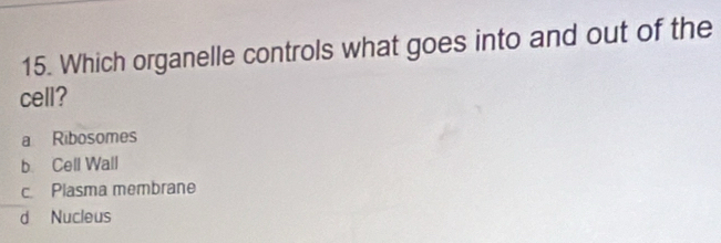 Which organelle controls what goes into and out of the
cell?
a Ribosomes
b Cell Wall
c. Plasma membrane
d Nucleus