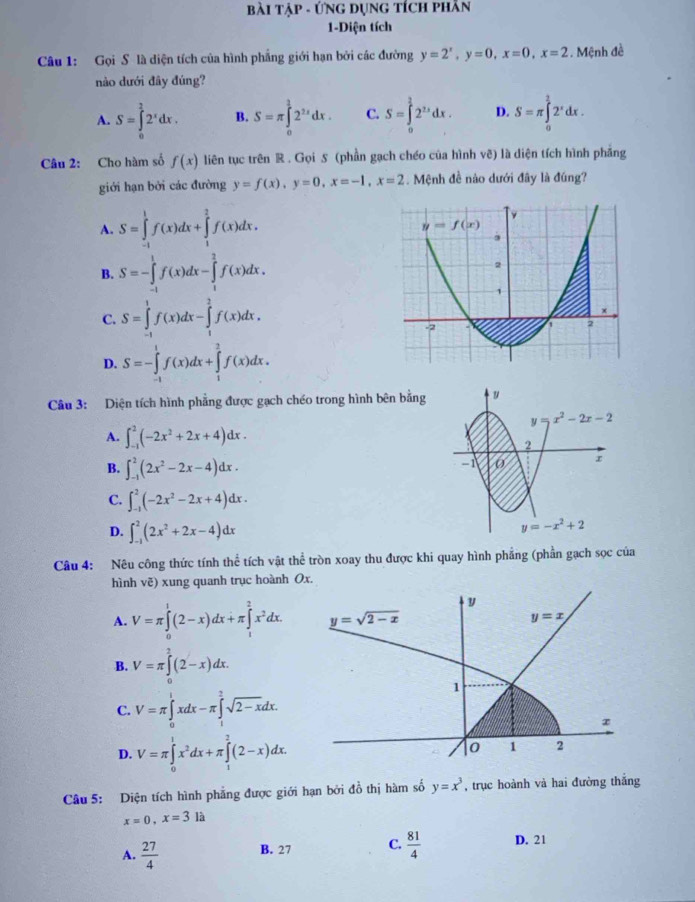 Bài tập - ứng dụng tích phần
1-Diện tích
Câu 1: Gọi S là diện tích của hình phẳng giới hạn bởi các đường y=2^x,y=0,x=0,x=2. Mệnh đề
nào dưới đây đúng?
A. S=∈tlimits _0^(22^x)dx. B. S=π ∈tlimits _0^(12^2x)dx. C. S=∈tlimits _0^((frac 3)2)2^(2x)dx. D. S=π ∈tlimits _0^(12^x)dx.
Câu 2: Cho hàm số f(x) liên tục trên R . Gọi 5 (phần gạch chéo của hình vẽ) là diện tích hình phảng
giới hạn bởi các đường y=f(x),y=0,x=-1,x=2. Mệnh đề nào dưới đây là đúng?
A. S=∈tlimits _(-1)^1f(x)dx+∈tlimits _1^(2f(x)dx.
B. S=-∈tlimits _(-1)^1f(x)dx-∈tlimits _1^2f(x)dx.
C. S=∈tlimits _(-1)^1f(x)dx-∈tlimits _1^2f(x)dx.
D. S=-∈tlimits _(-1)^1f(x)dx+∈tlimits _1^3f(x)dx.
Câu 3: Diện tích hình phẳng được gạch chéo trong hình bên bằng y
y x^2)-2x-2
A. ∈t _(-1)^2(-2x^2+2x+4)dx.
2
B. ∈t _(-1)^2(2x^2-2x-4)dx.
-1 0
C. ∈t _(-1)^2(-2x^2-2x+4)dx.
D. ∈t _(-1)^2(2x^2+2x-4)dx
y=-x^2+2
Câu 4: Nêu công thức tính thể tích vật thể tròn xoay thu được khi quay hình phẳng (phần gạch sọc của
hình vẽ) xung quanh trục hoành O
A. V=π ∈tlimits _0^(1(2-x)dx+π ∈tlimits _1^2x^2)dx.
B. V=π ∈tlimits _0^(2(2-x)dx.
C. V=π ∈tlimits _0^1xdx-π ∈tlimits _1^2sqrt 2-x)dx.
D. V=π ∈tlimits _0^(1x^2)dx+π ∈tlimits _1^(2(2-x)dx.
Câu 5: Diện tích hình phẳng được giới hạn bởi đồ thị hàm số y=x^3) , trục hoành và hai đường thắng
x=0,x=3la
A.  27/4  B. 27 C.  81/4  D. 21