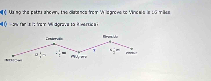 Using the paths shown, the distance from Wildgrove to Vindale is 16 miles.
How far is it from Wildgrove to Riverside?