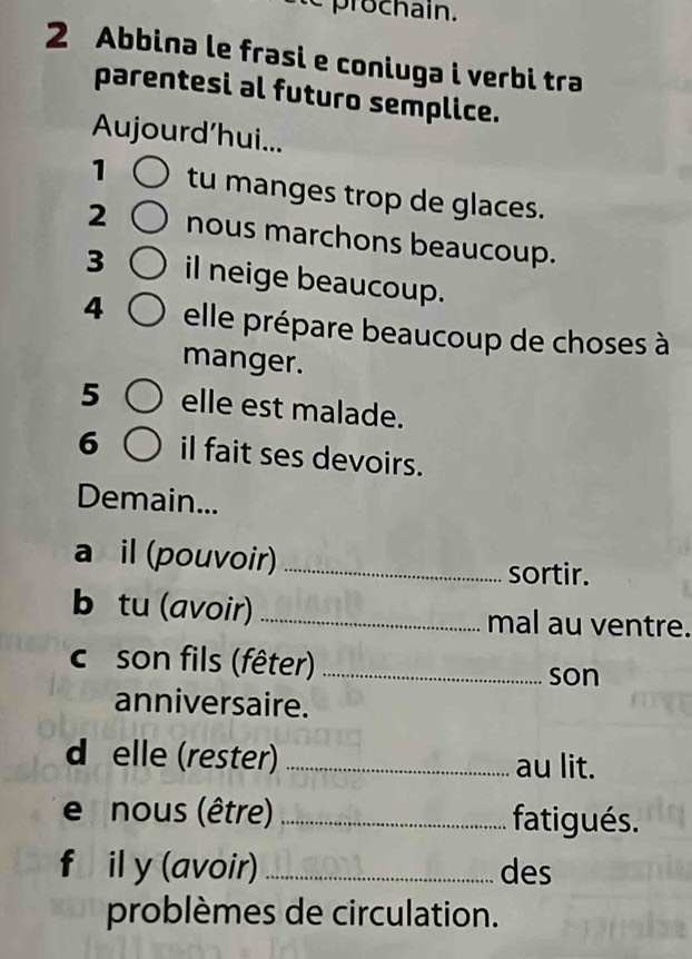 prochain. 
2 Abbina le frasi e coniuga i verbi tra 
parentesi al futuro semplice. 
Aujourd’hui... 
1 tu manges trop de glaces. 
2 nous marchons beaucoup. 
3 il neige beaucoup. 
4 elle prépare beaucoup de choses à 
manger. 
5 elle est malade. 
6 il fait ses devoirs. 
Demain... 
a il (pouvoir) _sortir. 
b tu (avoir)_ mal au ventre. 
c son fils (fêter)_ 
son 
anniversaire. 
d elle (rester) _au lit. 
e nous (être) _fatigués. 
f il y (avoir) _des 
problèmes de circulation.