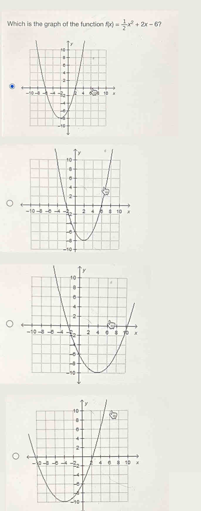 Which is the graph of the function f(x)= 1/2 x^2+2x-6 ?