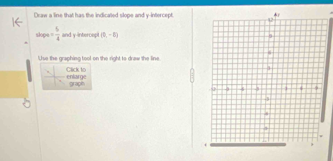 Draw a line that has the indicated slope and y-intercept. 
slope = 5/4  and y-intercept (0,-8)
Use the graphing tool on the right to draw the line. 
Click to 
enlarge 
graph