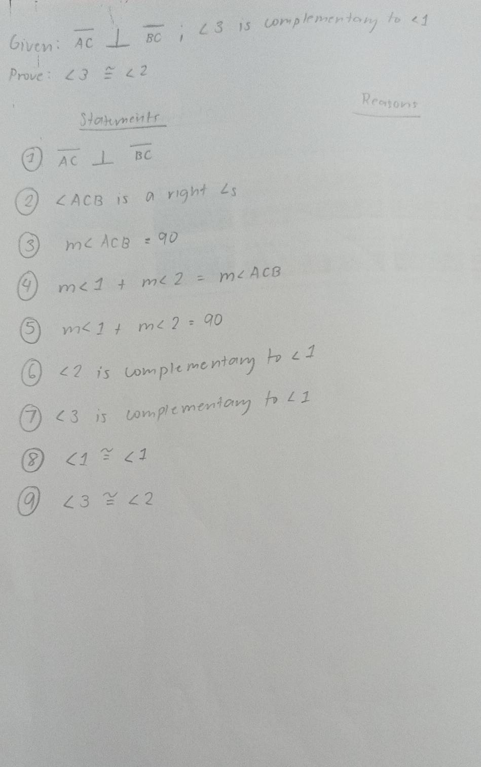 Given: overline AC⊥ overline BC ,∠ 3 is complementary to e] 
Prove: ∠ 3≌ ∠ 2
Reaisons 
Statments 
② overline AC⊥ overline BC
② ∠ ACB is a right ∠ s
③ m∠ ACB=90
m∠ 1+m∠ 2=m∠ ACB
⑤ m∠ 1+m∠ 2=90
∠ 2 is complementary to<1</tex> 
⑦(3 is complementary to<1</tex> 
⑧ ∠ 1≌ ∠ 1
⑨ ∠ 3≌ ∠ 2