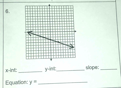 x -int: _ y -int:_ slope:_ 
Equation: y= _