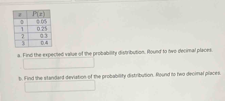 a, Find the expected value of the probability distribution. Round to two decimal places.
b. Find the standard deviation of the probability distribution. Round to two decimal places.