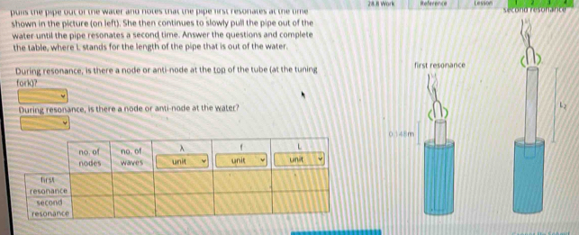 28.8 Work Reference 
puls the pipe out of the water and notes that the pipe first resonates at the time Lesson secono resorance 
shown in the picture (on left). She then continues to slowly pull the pipe out of the 
water until the pipe resonates a second time. Answer the questions and complete 
the table, where I stands for the length of the pipe that is out of the water 
During resonance, is there a node or anti-node at the top of the tube (at the tuning first resonance 
fork)? 
During resonance, is there a node or anti-node at the water? L2
0.148m