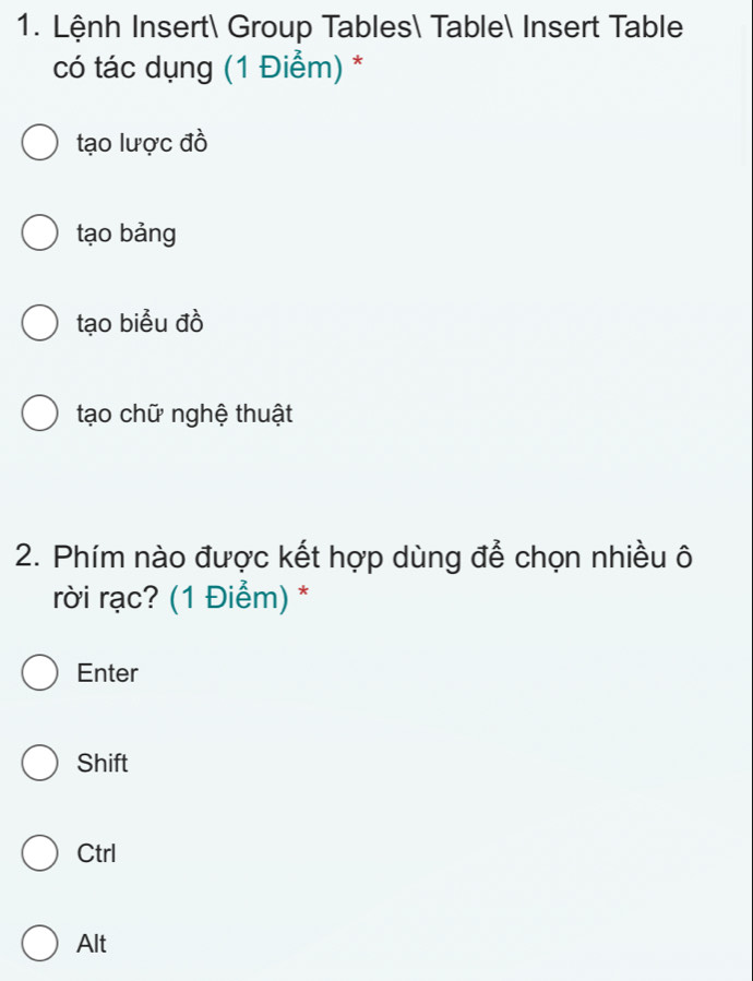 Lệnh Insert Group Tables Table Insert Table
có tác dụng (1 Điểm) *
tạo lược đồ
tạo bảng
tạo biểu đồ
tạo chữ nghệ thuật
2. Phím nào được kết hợp dùng để chọn nhiều ô
rời rạc? (1 Điểm) *
Enter
Shift
Ctrl
Alt
