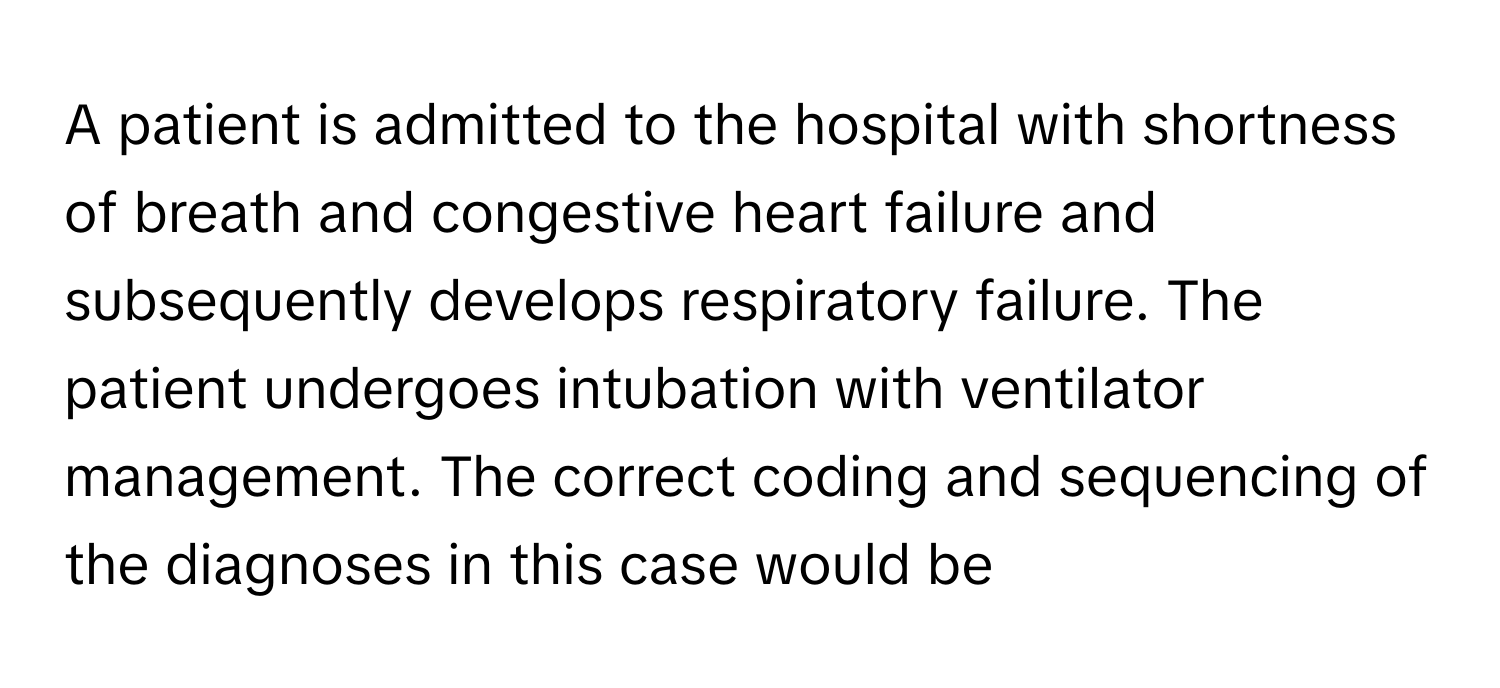 A patient is admitted to the hospital with shortness of breath and congestive heart failure and subsequently develops respiratory failure. The patient undergoes intubation with ventilator management. The correct coding and sequencing of the diagnoses in this case would be