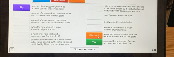 difference between estimated value and the 
amount of money given (added) as actual vallue, divided by the actual value and 
Tip a 'thank you' for the service. (part) multiplied by 100 to represent a percent 
amount of money added to the wholesale total X percent as decimal = part 
cost to sell the item at retail. (part) 
amount of monev earned over a set 
time and rate of an initial amount. I=PRT money earned from total sales. 
when the new amount is larger when the new amount is lower 
than the original amount than the original amount 
a number or ratio that can be amount of money saved -subtracted- 
expressed as a fraction of 100 Discount because the item was on sale. (part) 
difference between the final value and the 
initial value, divided by the initial value and Tax money added to the cost of an item 
multiplied by 100 to represent a percent to cover government fees. (part) 
Submit Answers