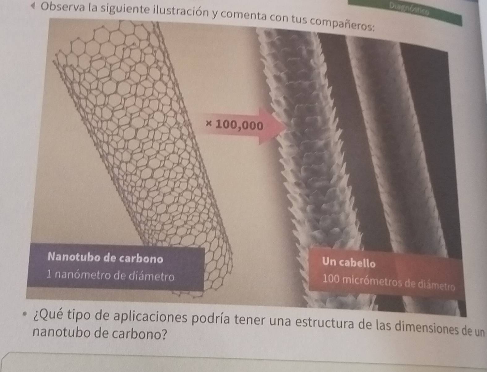 Diagnösticg
« Observa la siguiente ilustración y comenta con tus compañeros:
¿Qué tipo de aplicaciones podría tener una estructura de las dimensiones de un
nanotubo de carbono?