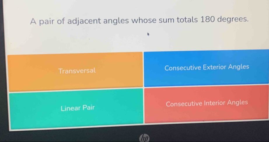 A pair of adjacent angles whose sum totals 180 degrees.
Transversal Consecutive Exterior Angles
Linear Pair Consecutive Interior Angles