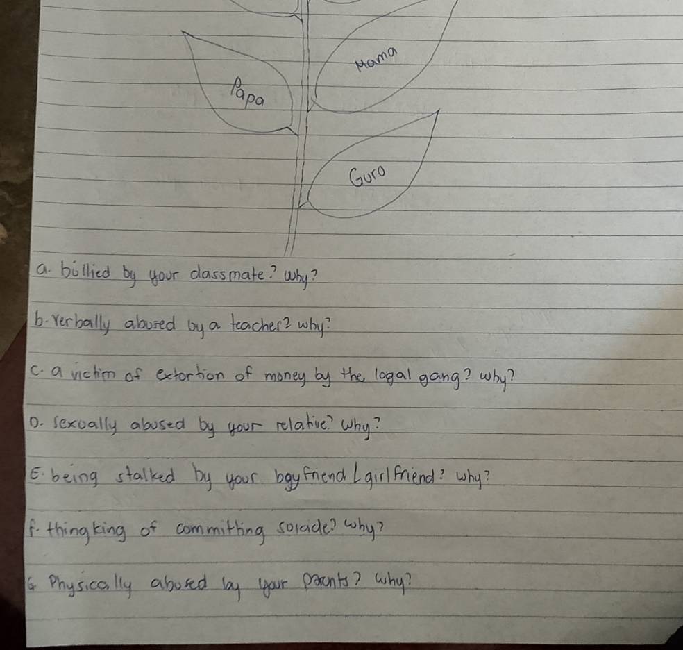 Hama 
Papa 
Guro 
a billied by your classmate? why? 
b. Verbally alovied by a teacher? why? 
c. a vichin of extortion of money by the logal gang? why? 
D. sexually abosed by your relahive? Why? 
E. being stalked by your bgyfnend (girlfriend? Why? 
F thing king of commithing sorcide? why? 
6 Physically abosed by your proonts? why?