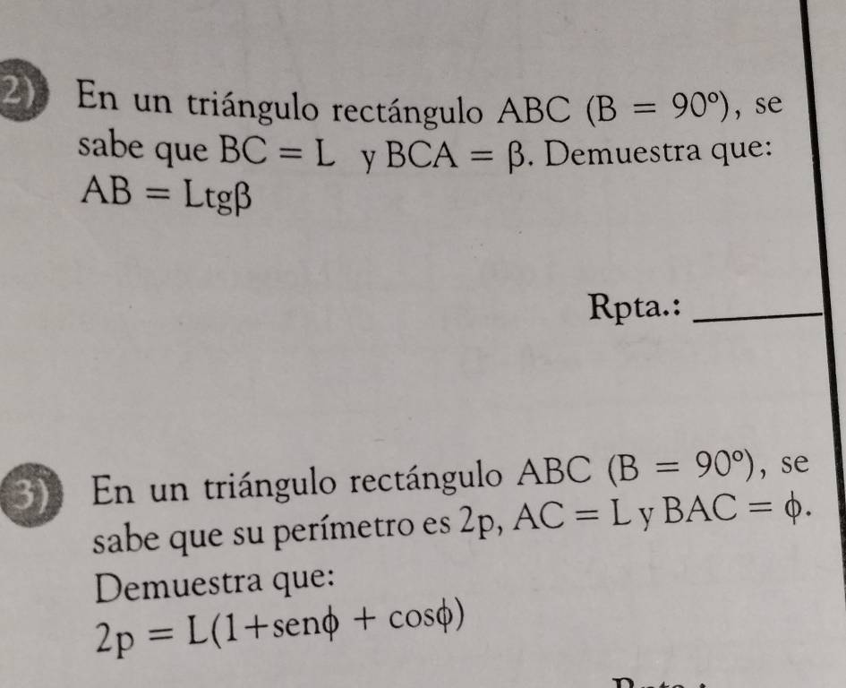 Resuelto:En un triángulo rectángulo ABC(B=90°) , se sabe que BC=L y BCA ...