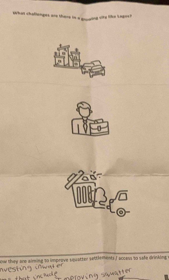 What challenges are there in a growing city like Lagos? 
o 
ow they are aiming to improve squatter settlements / access to safe drinking v