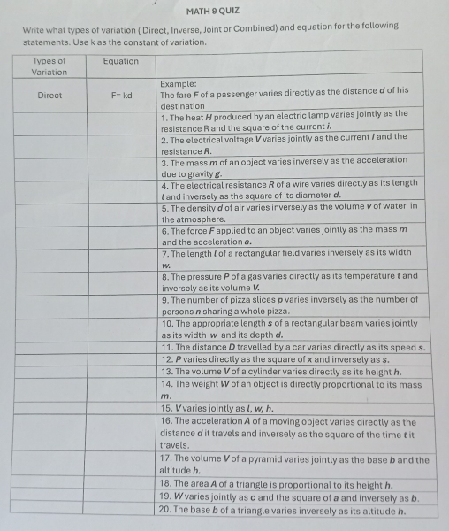 MATH 9 QUIZ
Write what types of variation ( Direct, Inverse, Joint or Combined) and equation for the following
s
.
e
20. The base b of a triangle varies inversely as its altitude h.