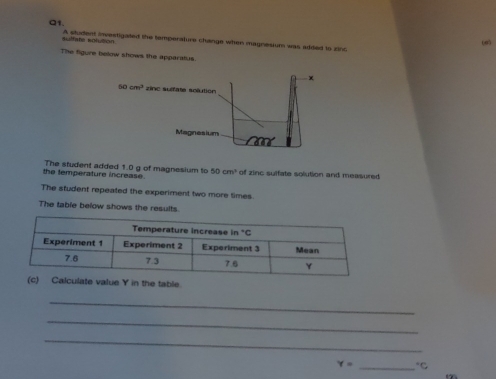 sulfate solution
A student investigated the temperature change when magnesium was added to zinc
005
The figure below shows the apparalus.
50cm^2 zinc sulfate solution
Magnesium
the temperature increase. The student added 1.0 g of magnesium to 50cm^3 of zinc sulfate solution and measured
The student repeated the experiment two more times
The table below shows the results.
in the table
_
_
_
Y= _ C