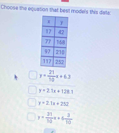 Choose the equation that best models this data:
y= 21/10 x+6.3
y=2.1x+128.1
y=2.1x+252
y= 31/10 x+6 3/10 